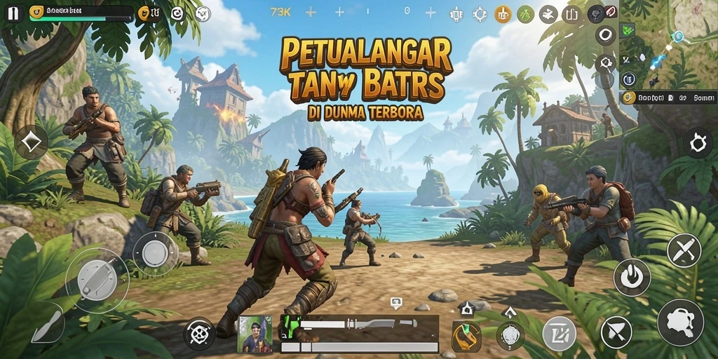 Screenshot gameplay 73K menampilkan eksplorasi dunia yang luas dan interaksi pemain.