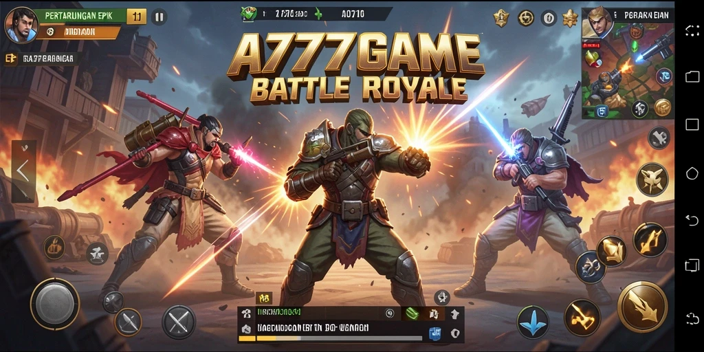 Screenshot menunjukkan aksi intens dan gameplay seru dalam Battle Royale A777GAME.