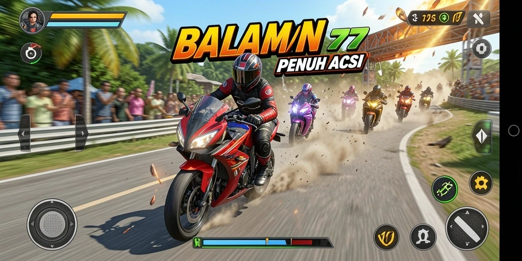 Gameplay ADAM77 yang menampilkan aksi balapan motor yang mendebarkan.