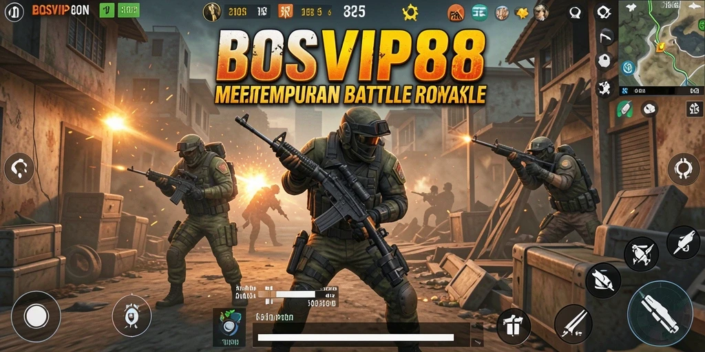 Screenshot gameplay <strong>BOSVIP88</strong> saat pertempuran intens dalam arena Battle Royale.