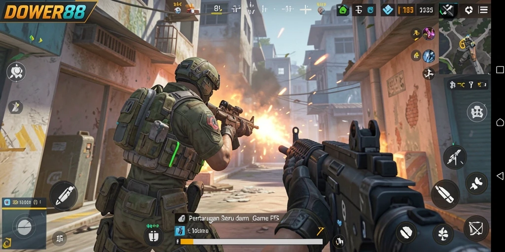 Gameplay DOWER88 yang intens dalam mode FPS.