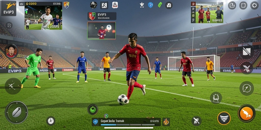 Screenshot gameplay EVIP3 yang menunjukkan aksi di lapangan sepak bola.