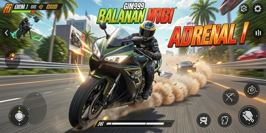 Tampilan gameplay GIM999 yang menegangkan di lintasan balapan motor.