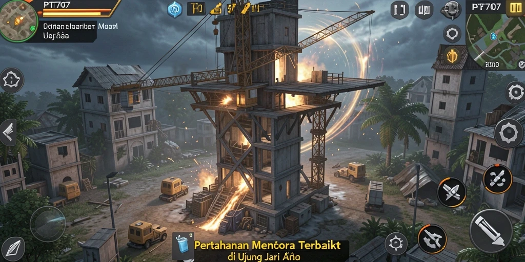 Screenshot gameplay PT707 dengan menara yang diperkuat dan musuh mendekat.