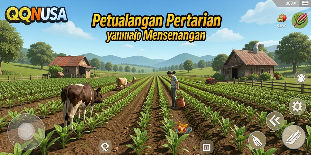 Screenshot gameplay QQNUSA menampilkan ladang yang subur dan berbagai tanaman.