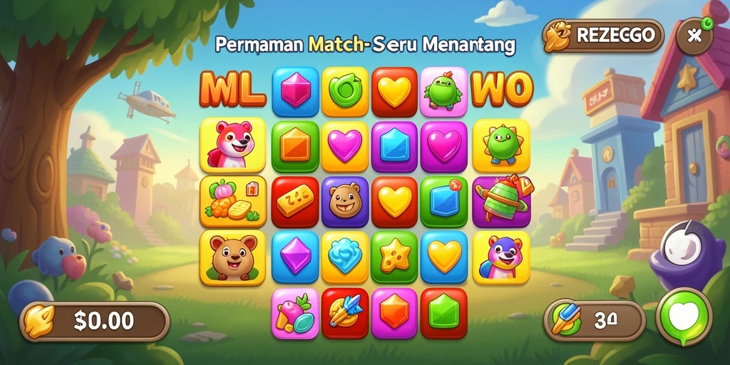 Screenshot gameplay REZEGO menampilkan aksi match-3 yang dinamis.