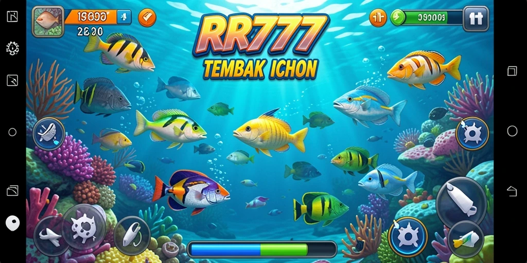 Tampilan gameplay RR777 yang menampilkan aksi menembak ikan.