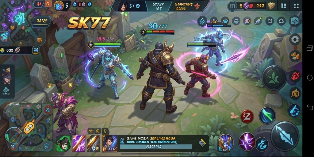 Tangkapan layar gameplay intens dari SKY77 yang menampilkan strategi tim.