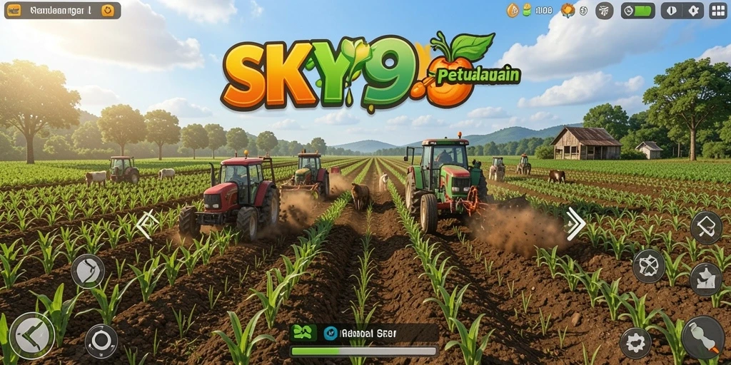 Tampilan gameplay <strong>SKY99</strong> yang menarik dengan kebun subur dan berbagai tanaman.