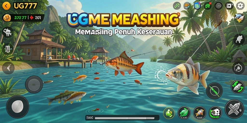 Gameplay seru memancing di lautan biru dengan beragam ikan.